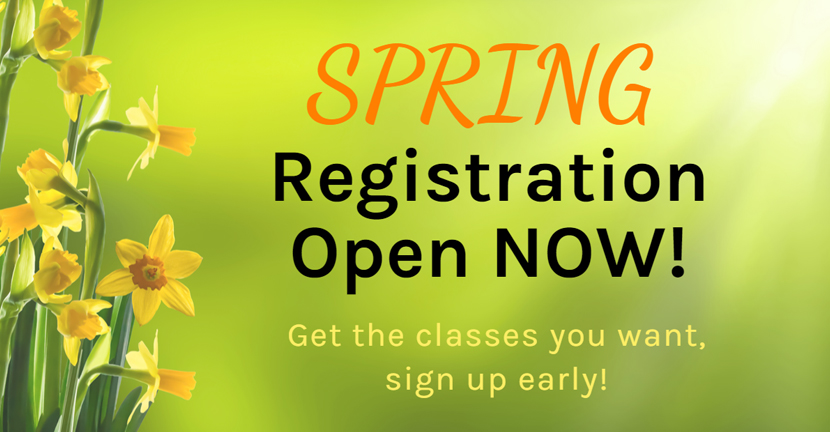 picture of spring flowers. Text says spring registration open now